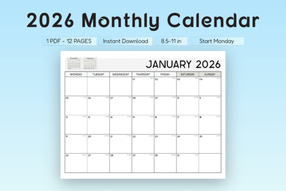 Download 2026 Monthly Planner Landscape (M Start) - Month Collection